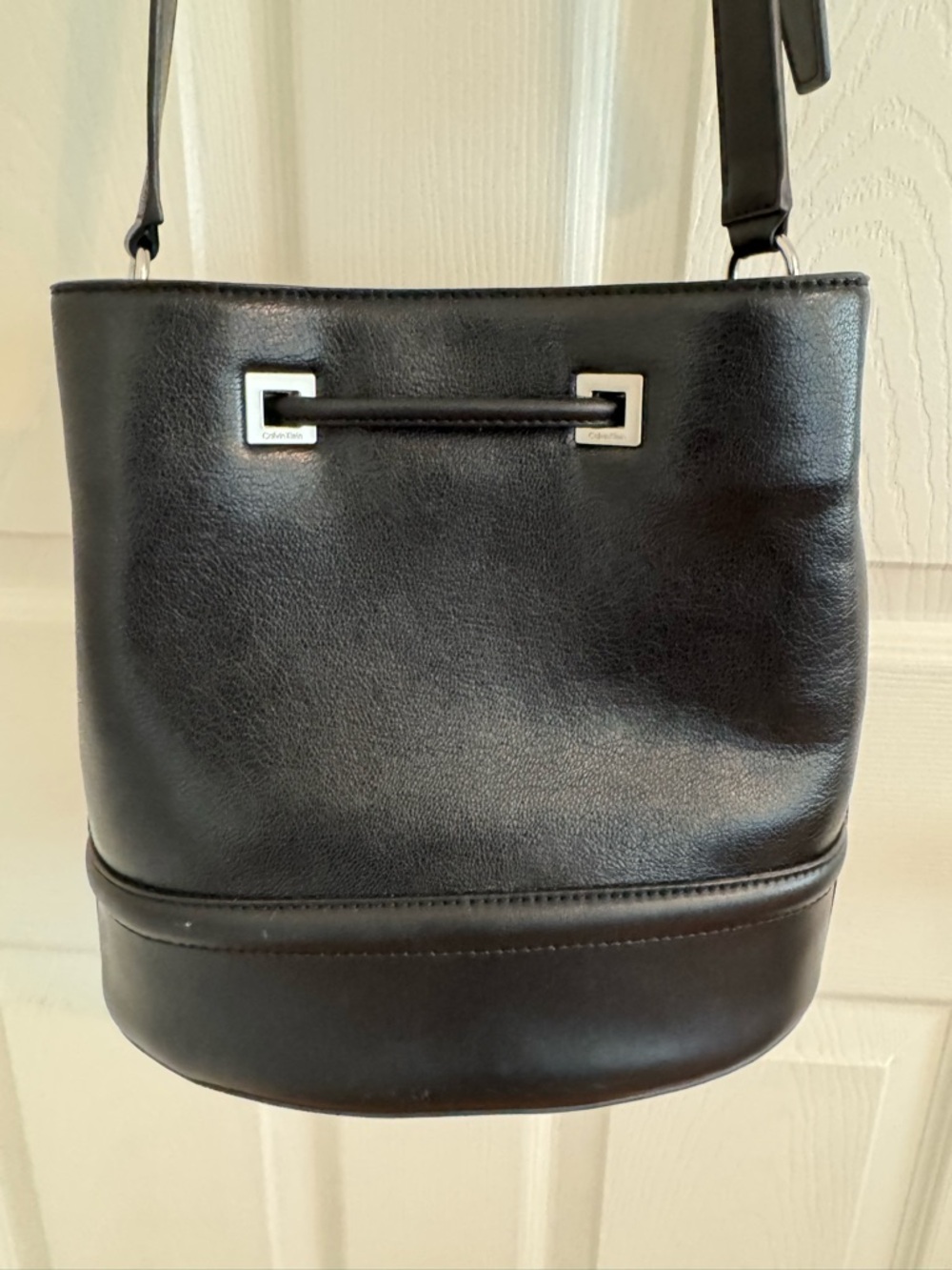 Calvin Klein Ash Drawstring Bucket Crossbody Bag in Black with Silver Hardware - Picture 3 of 13